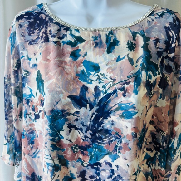 MSK Rhinestone Trim‎ Cape Overlay Dress Blue/Pink Floral Sleeveless Stretch Sz L - Picture 2 of 13